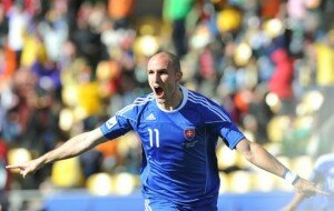 Slovakia's striker Robert Vittek celebrates after scoring during their Group F first round 2010 World Cup football match on June 15, 2010